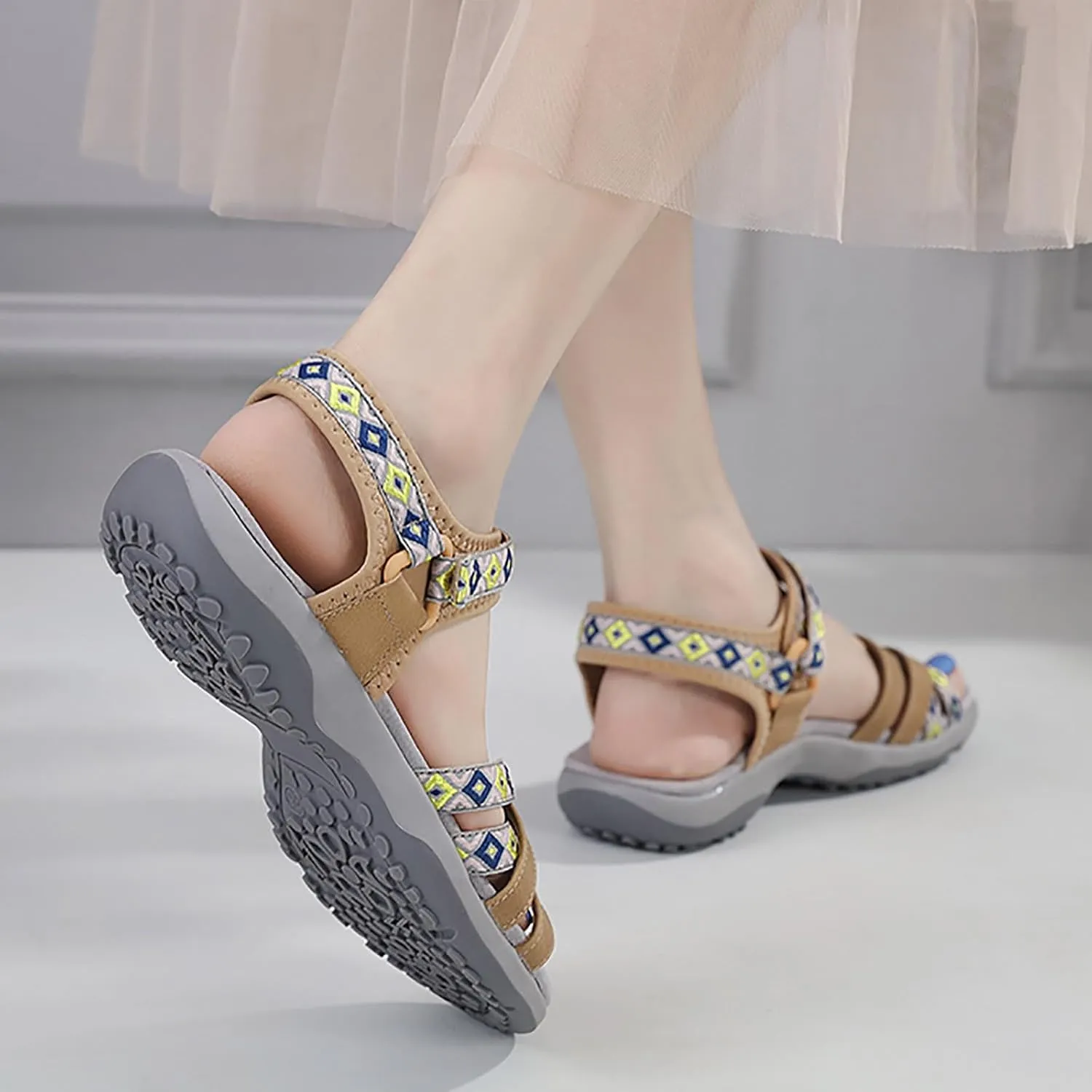 SuanlaTDS Womens Flat Sandals Comfortable Arch Support Wedge Low Heels Orthopedic Sandals Lightweight Summer Beach Boho Platform Adjustable Ankle Strap Wedges Outdoor Walking Shoes