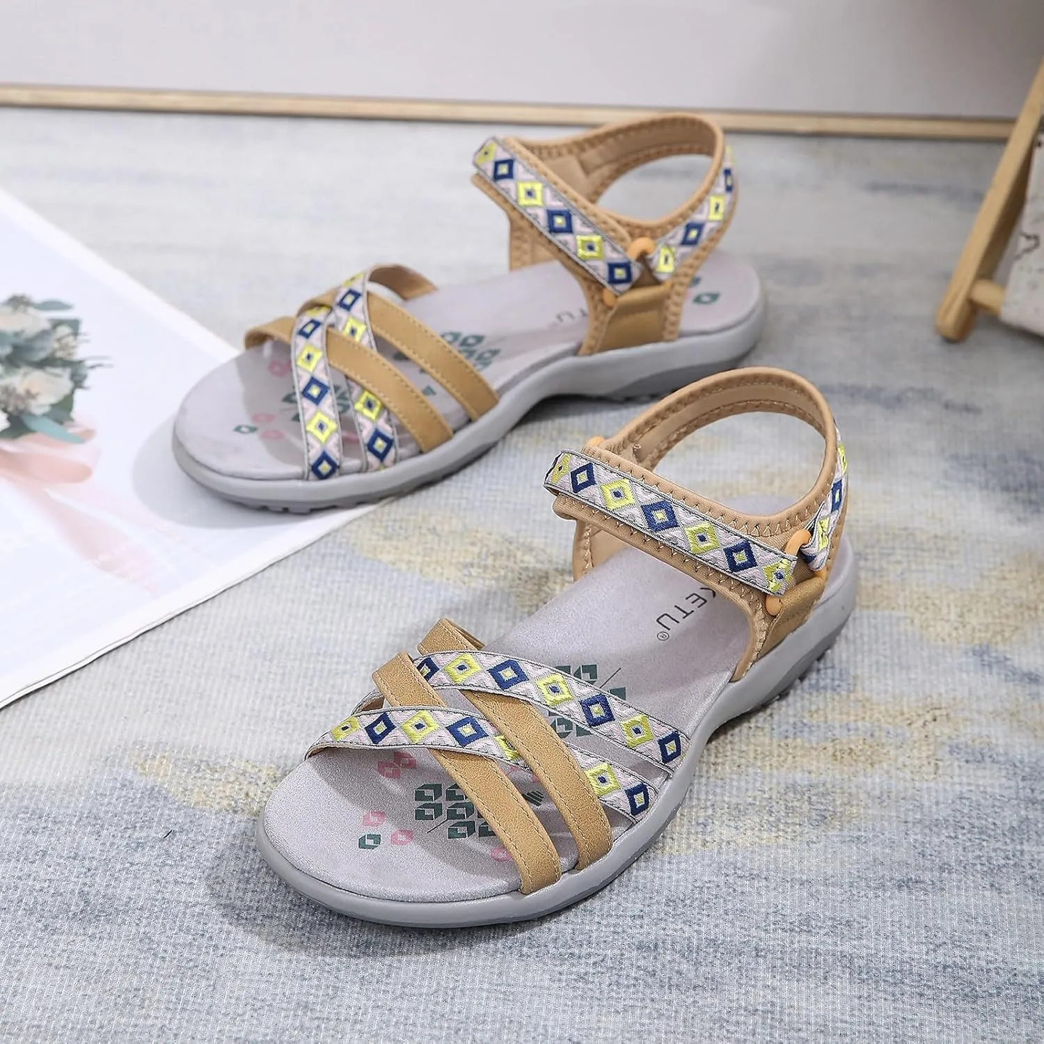 SuanlaTDS Womens Flat Sandals Comfortable Arch Support Wedge Low Heels Orthopedic Sandals Lightweight Summer Beach Boho Platform Adjustable Ankle Strap Wedges Outdoor Walking Shoes