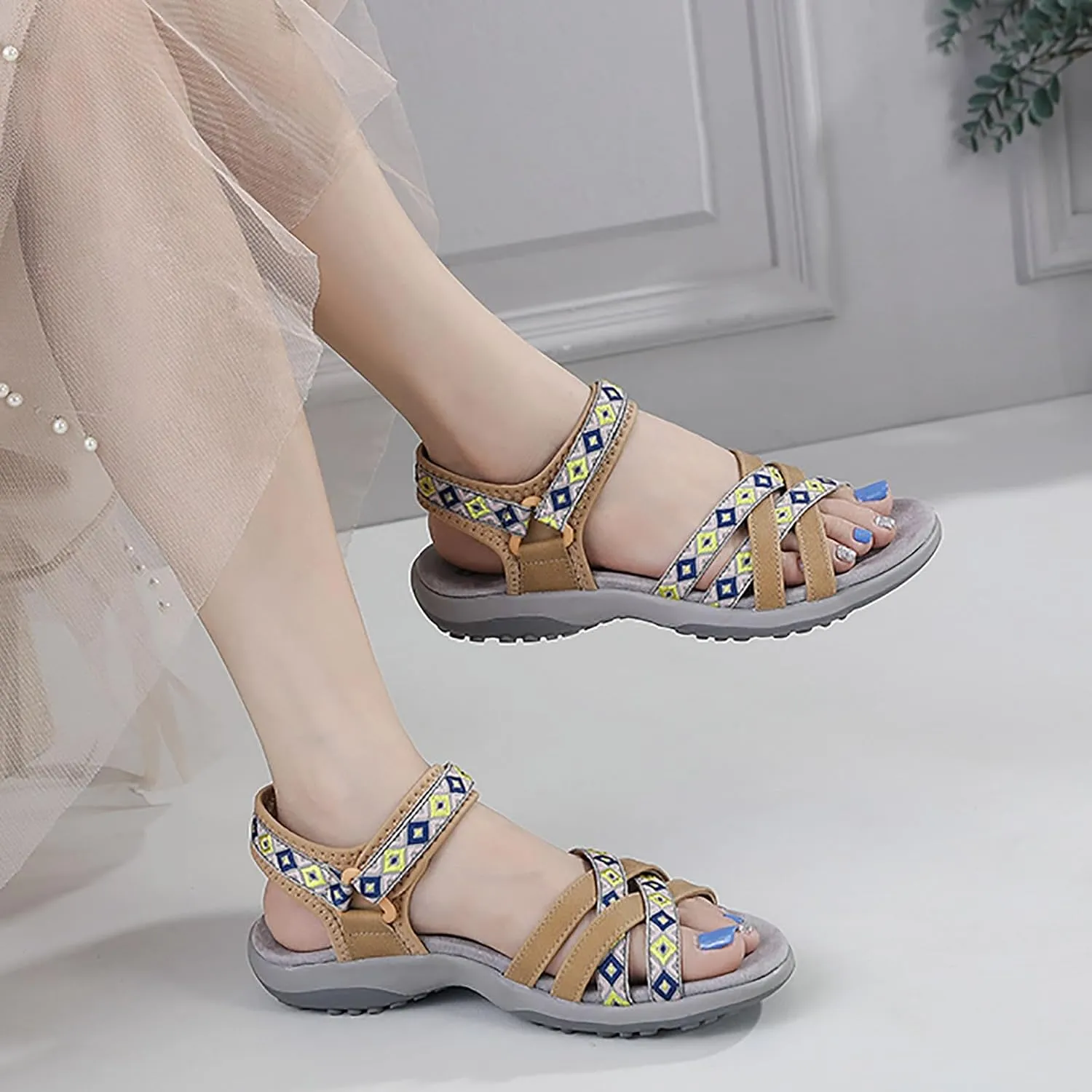 SuanlaTDS Womens Flat Sandals Comfortable Arch Support Wedge Low Heels Orthopedic Sandals Lightweight Summer Beach Boho Platform Adjustable Ankle Strap Wedges Outdoor Walking Shoes