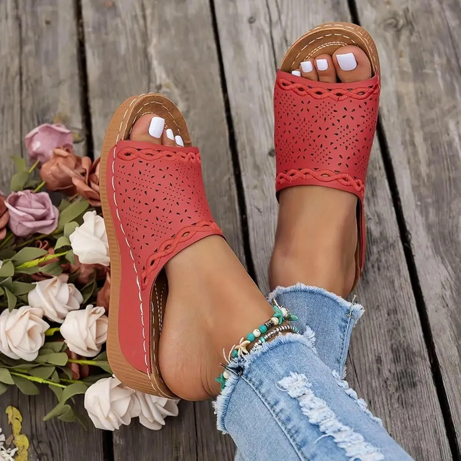 SuanlaTDS Womens Orthopedic Platform Wedge Sandals with Arch Support Wide Width 2025 Summer Dressy Open Toe Casual Slip-on WedgesMid Heels Beach Boho Comfortable Outdoor Walking Work Shoes