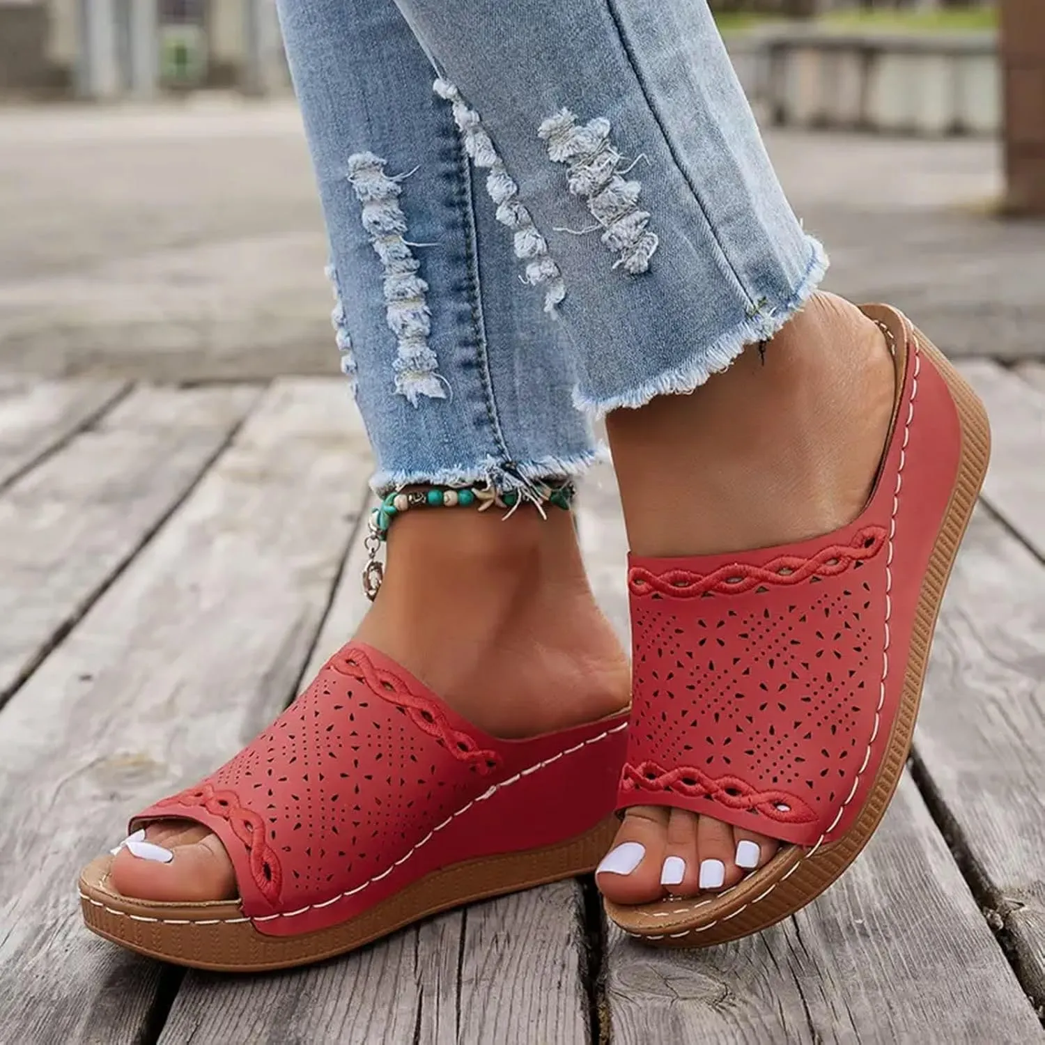 SuanlaTDS Womens Orthopedic Platform Wedge Sandals with Arch Support Wide Width 2025 Summer Dressy Open Toe Casual Slip-on WedgesMid Heels Beach Boho Comfortable Outdoor Walking Work Shoes
