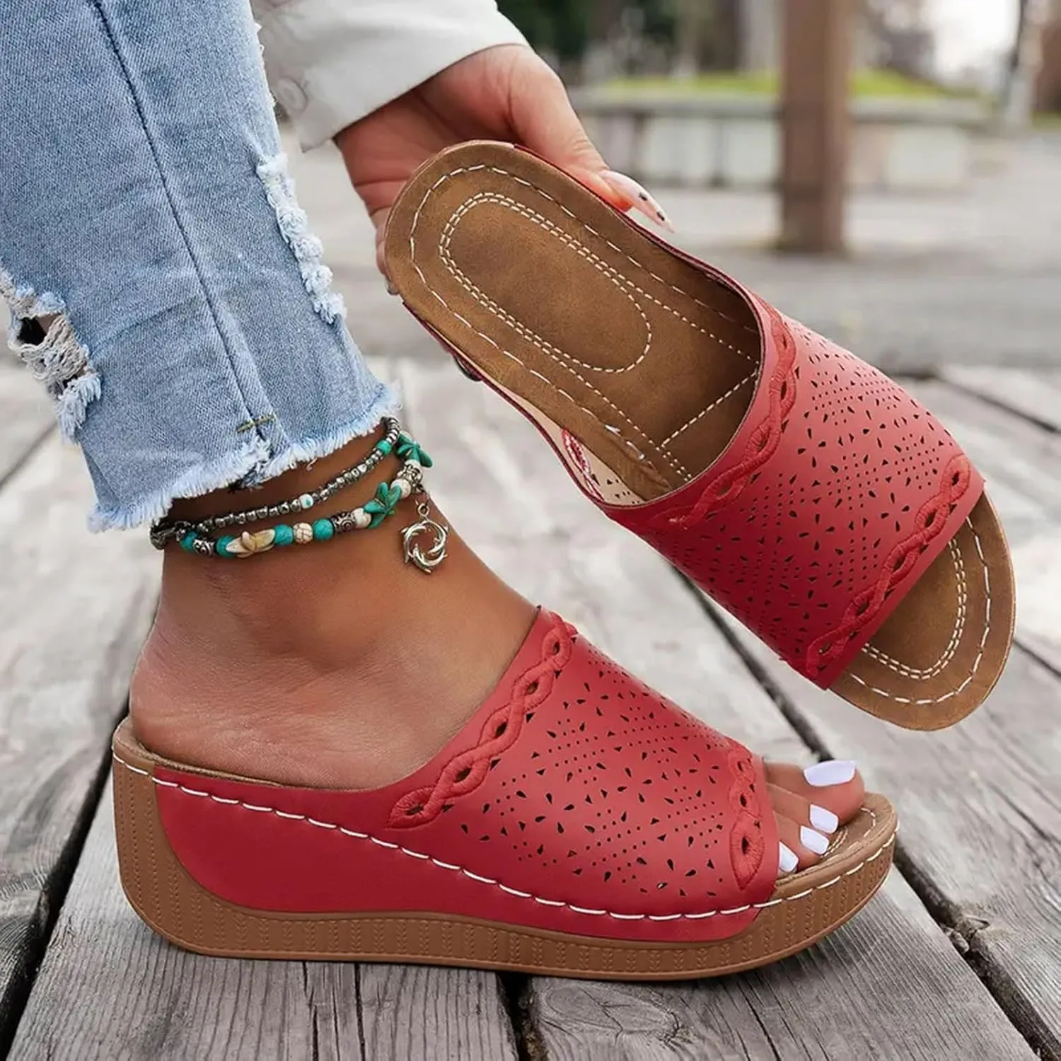 SuanlaTDS Womens Orthopedic Platform Wedge Sandals with Arch Support Wide Width 2025 Summer Dressy Open Toe Casual Slip-on WedgesMid Heels Beach Boho Comfortable Outdoor Walking Work Shoes