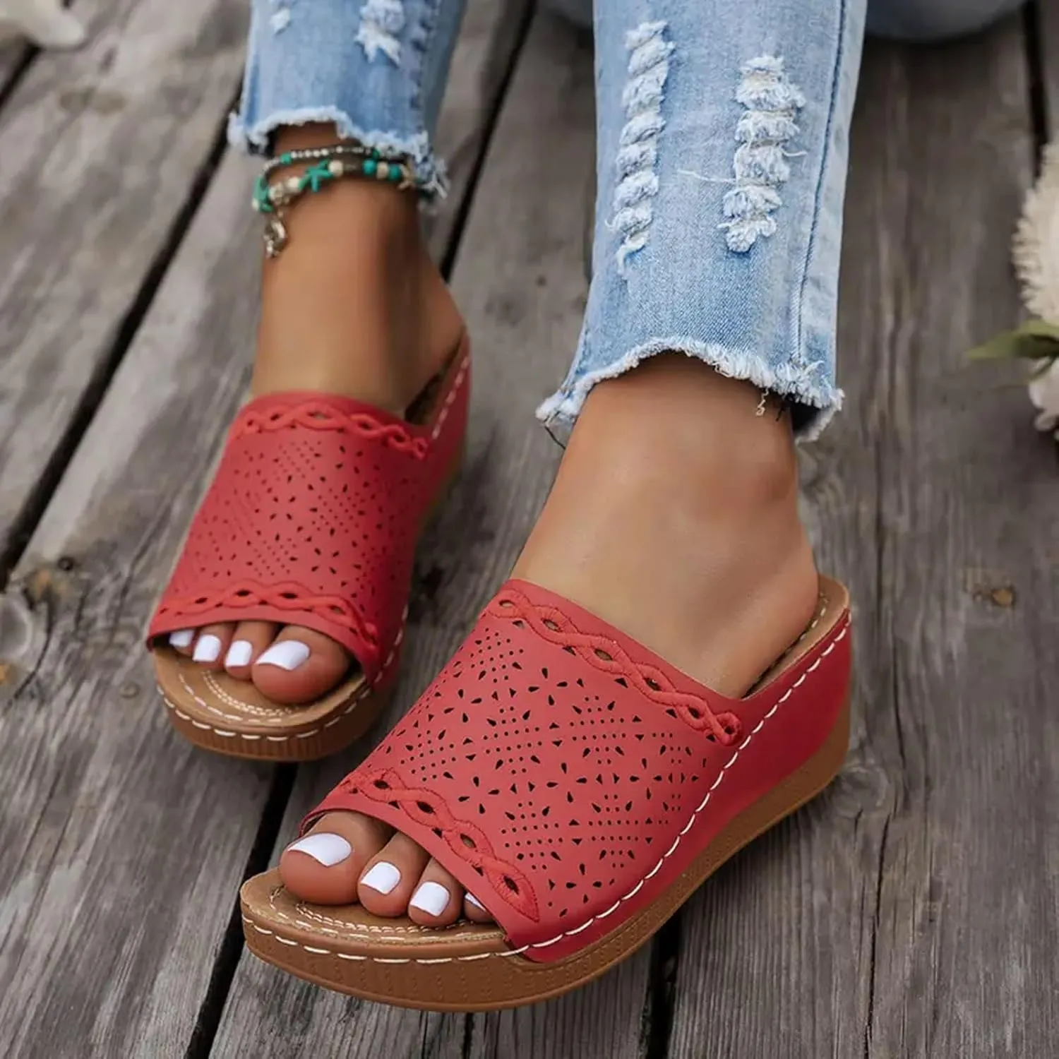 SuanlaTDS Womens Orthopedic Platform Wedge Sandals with Arch Support Wide Width 2025 Summer Dressy Open Toe Casual Slip-on WedgesMid Heels Beach Boho Comfortable Outdoor Walking Work Shoes