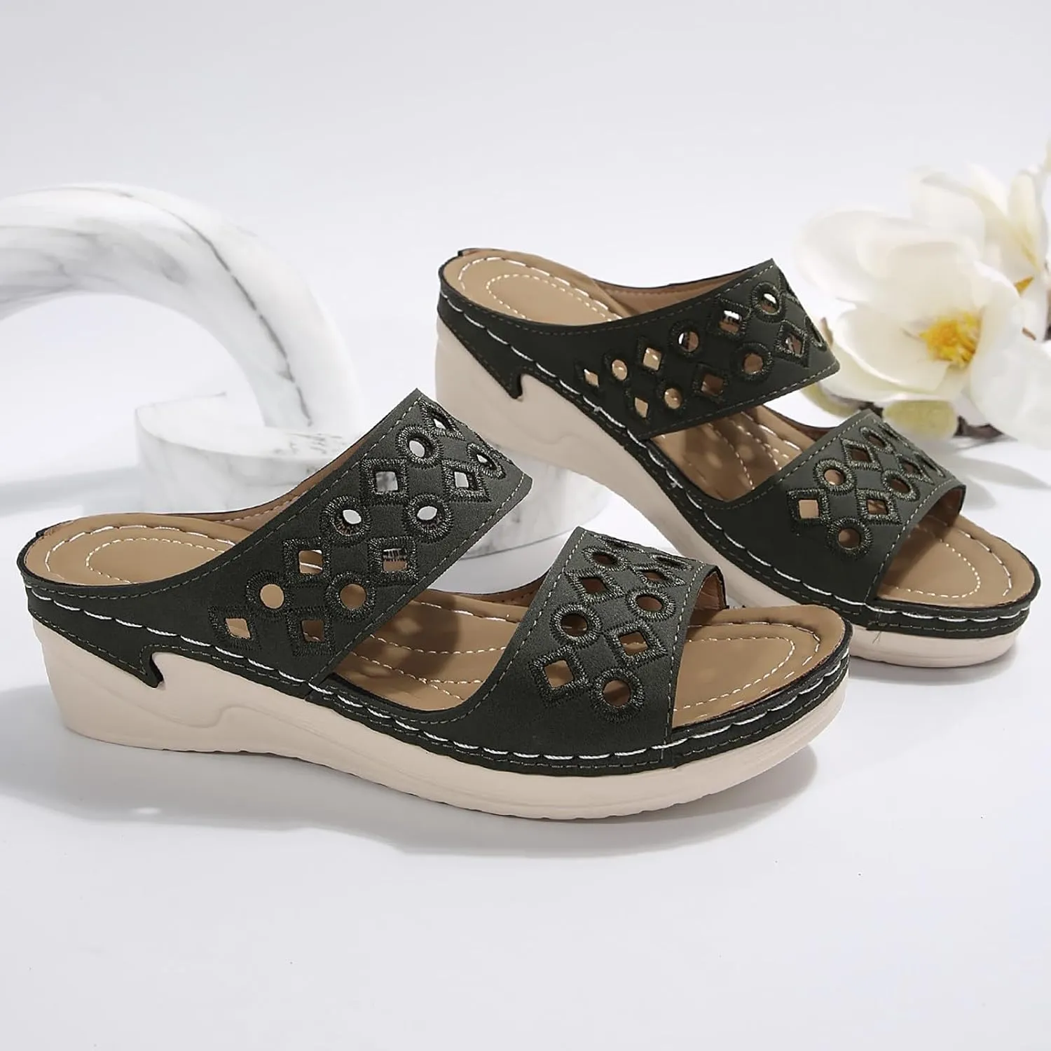 SuanlaTDS Womens Platform Orthopedic Sandals Wedge 2025 Comfortable Arch Support Slip On Open Toe Boho Dressy Summer Beach Outdoor Walking Shoes Low Heels Wedges Slide Sandal Slippers