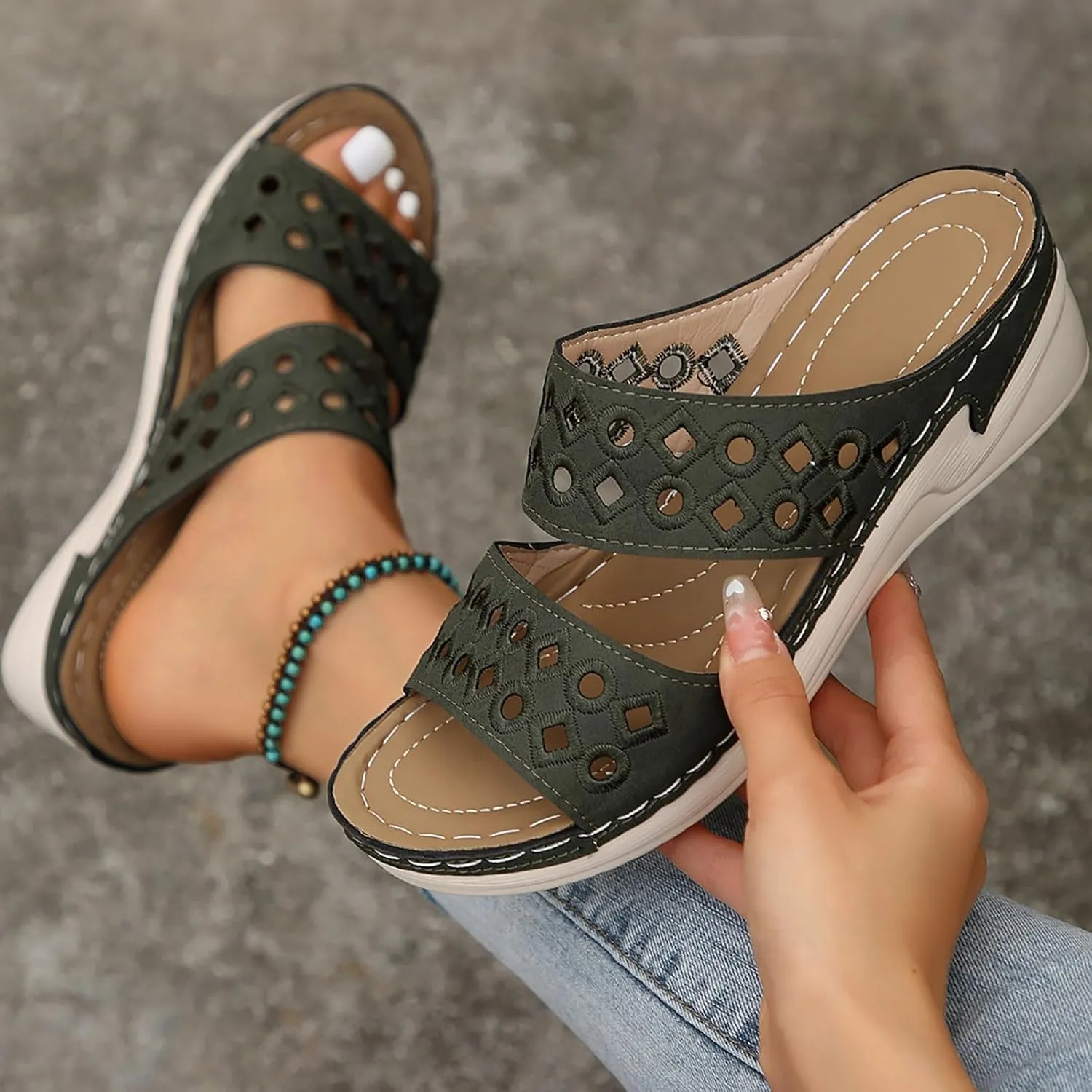SuanlaTDS Womens Platform Orthopedic Sandals Wedge 2025 Comfortable Arch Support Slip On Open Toe Boho Dressy Summer Beach Outdoor Walking Shoes Low Heels Wedges Slide Sandal Slippers