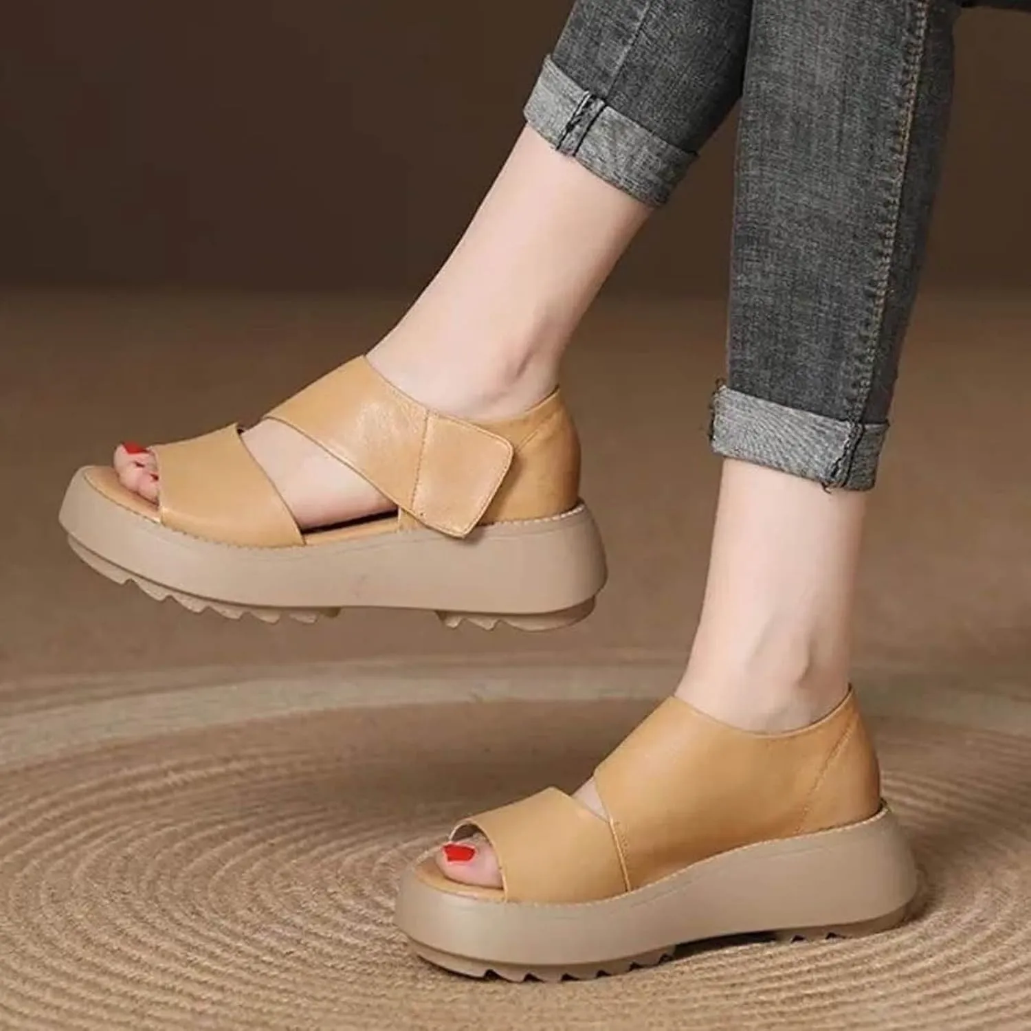 SuanlaTDS Women's Platform Sandals Comfortable Adjustable Ankle Strap Open Toe Boho Wedge Chunky Heels Arch Support Casual Dressy Summer Outdoor Walking Travel Wedges Sandal