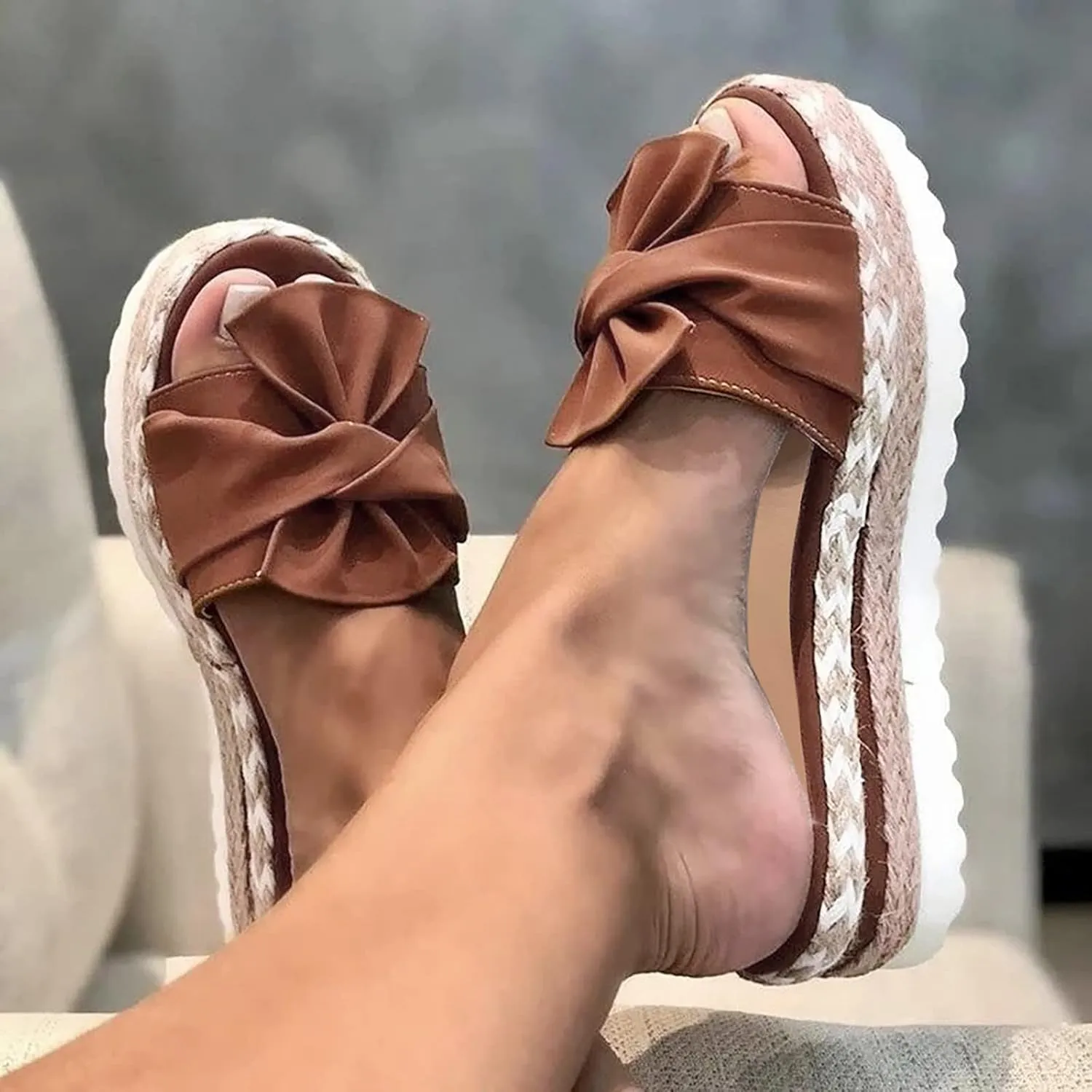 SuanlaTDS Womens Platform Sandals Espadrilles Slip on Open Toe Boho Wedge Sandals Comfortable Dressy Casual Summer Low Wedges Heel Slides Sandals for Outdoor Walking Beach Vocation