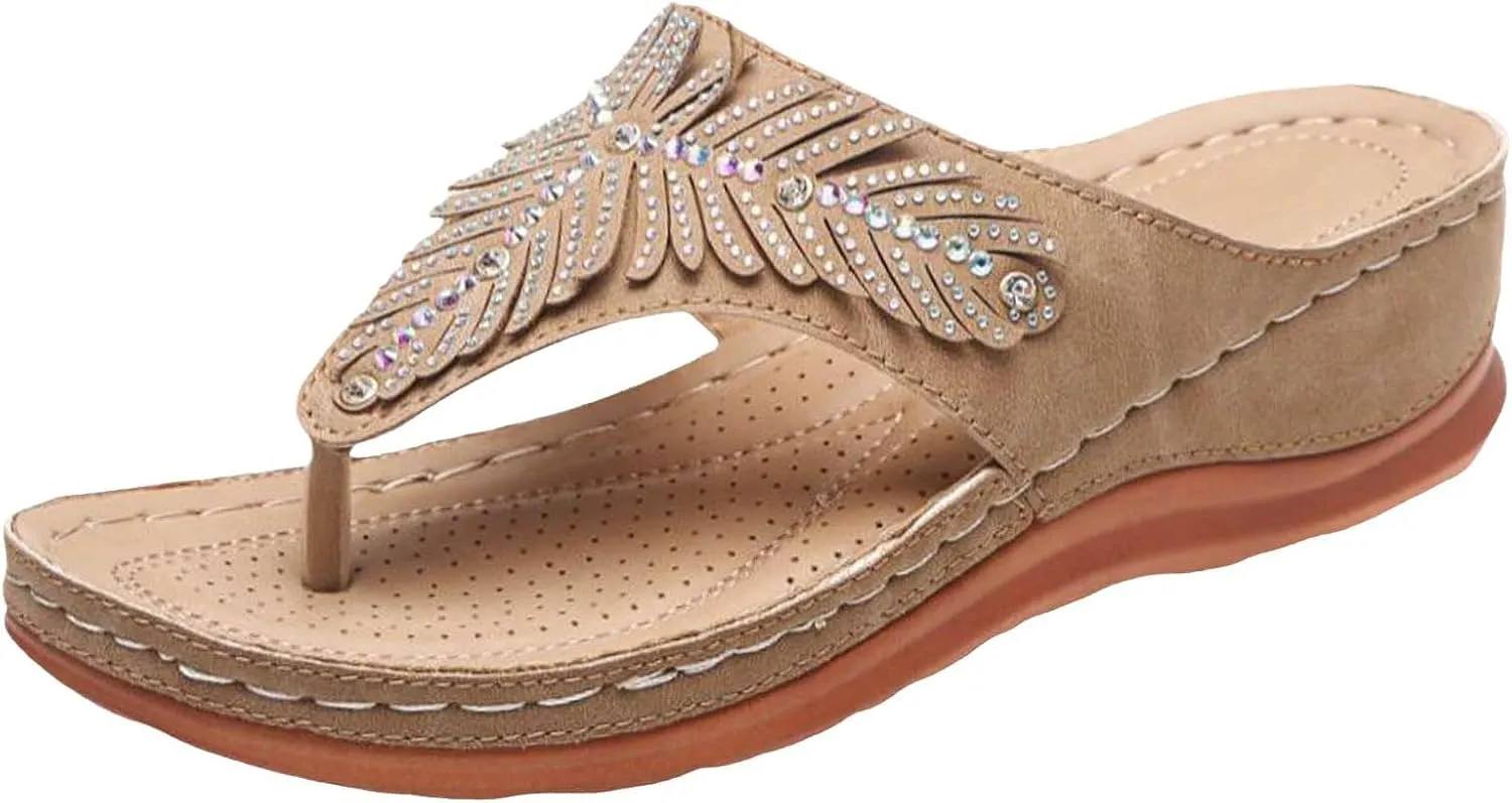 SuanlaTDS Women's Wedge Sandals Platform Comfortable Flip Flops Rhinestone Open Toe Thong Arch Support Comfort Beach Boho Slip On Orthopedic Sandals Elegant High Heels Dress Party Shoes