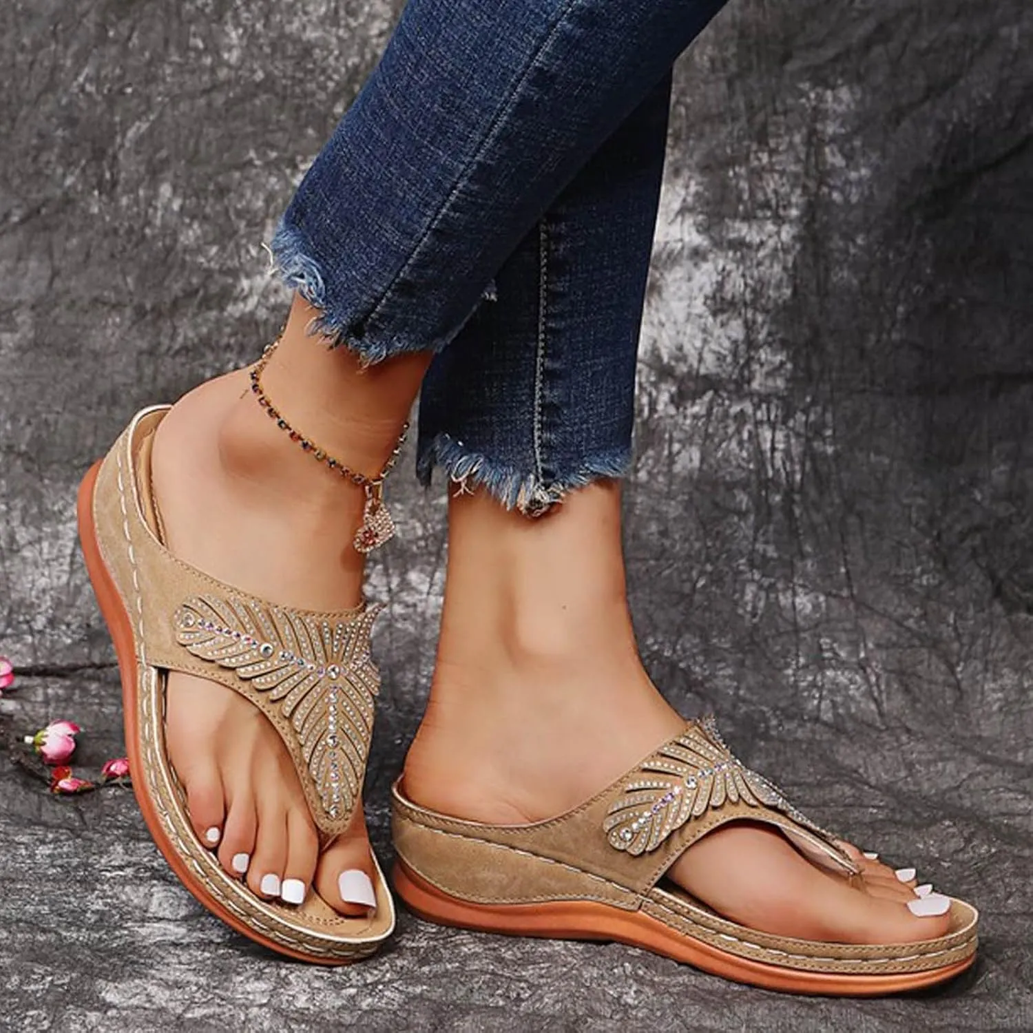 SuanlaTDS Women's Wedge Sandals Platform Comfortable Flip Flops Rhinestone Open Toe Thong Arch Support Comfort Beach Boho Slip On Orthopedic Sandals Elegant High Heels Dress Party Shoes