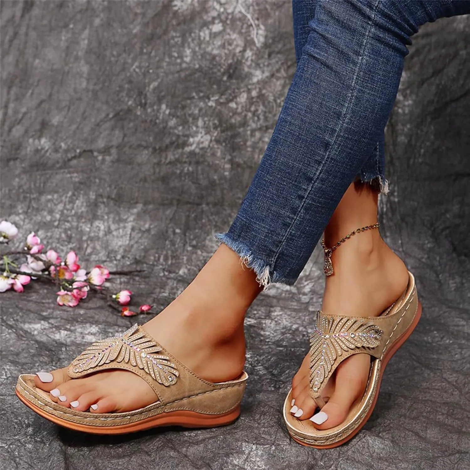SuanlaTDS Women's Wedge Sandals Platform Comfortable Flip Flops Rhinestone Open Toe Thong Arch Support Comfort Beach Boho Slip On Orthopedic Sandals Elegant High Heels Dress Party Shoes