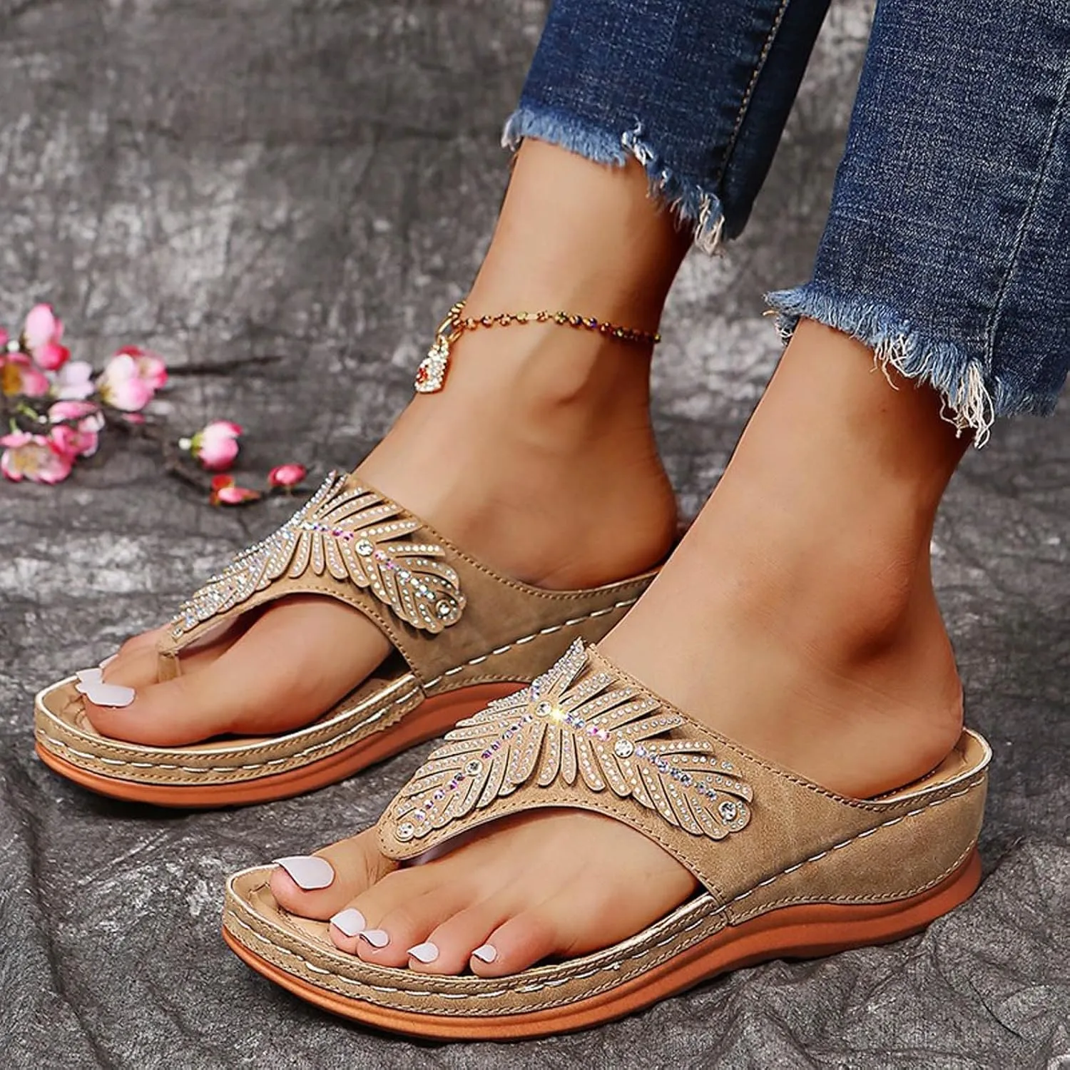 SuanlaTDS Women's Wedge Sandals Platform Comfortable Flip Flops Rhinestone Open Toe Thong Arch Support Comfort Beach Boho Slip On Orthopedic Sandals Elegant High Heels Dress Party Shoes