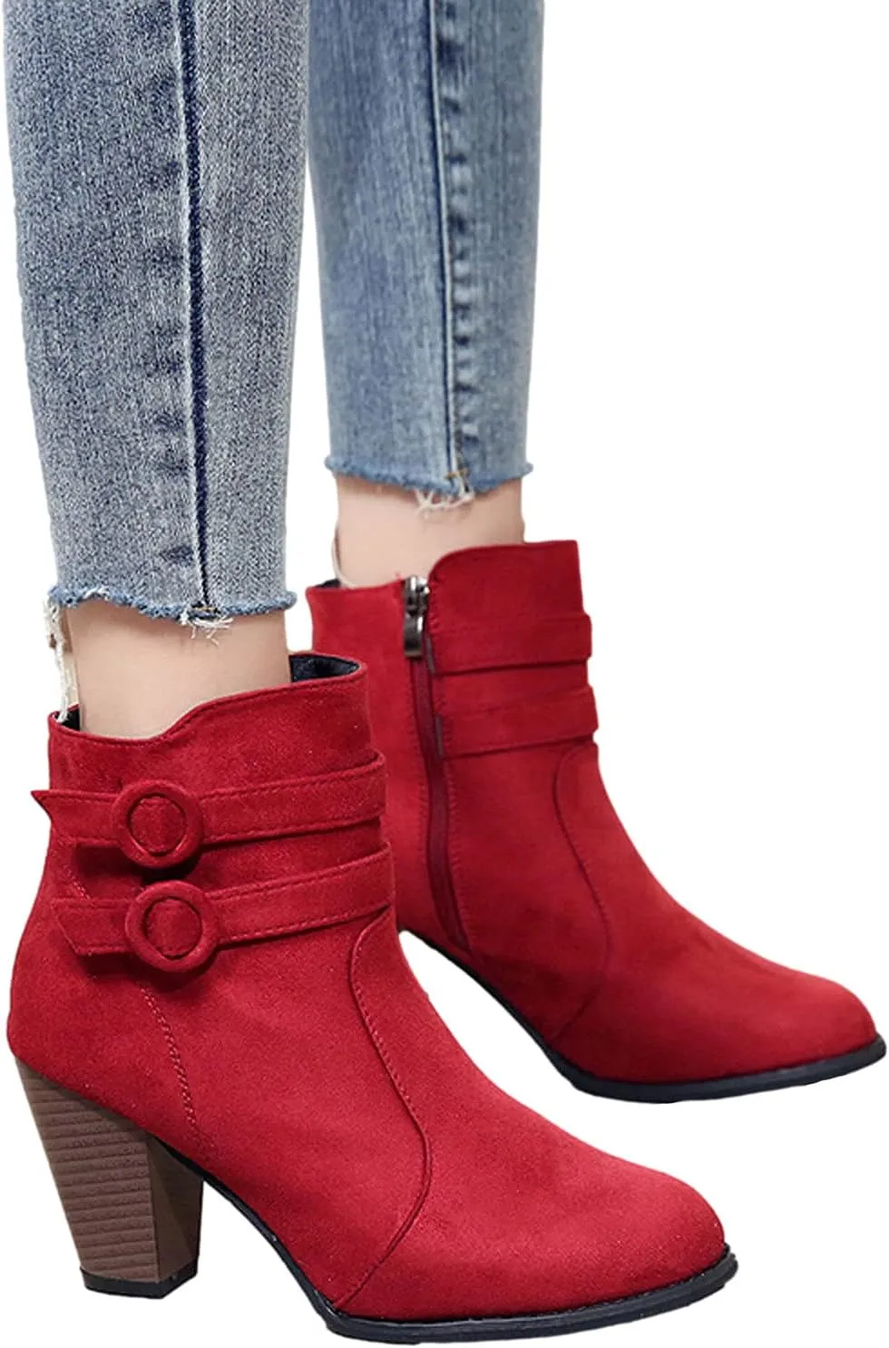 Suede Ankle Boots for Women Vintage Double Buckle Side Zipper Pointed Toe Square Chunky High-heeled Short Booties Solid Retro Non-slip Shoes