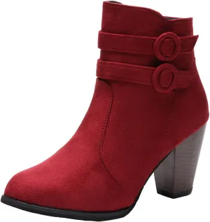 Suede Ankle Boots for Women Vintage Double Buckle Side Zipper Pointed Toe Square Chunky High-heeled Short Booties Solid Retro Non-slip Shoes