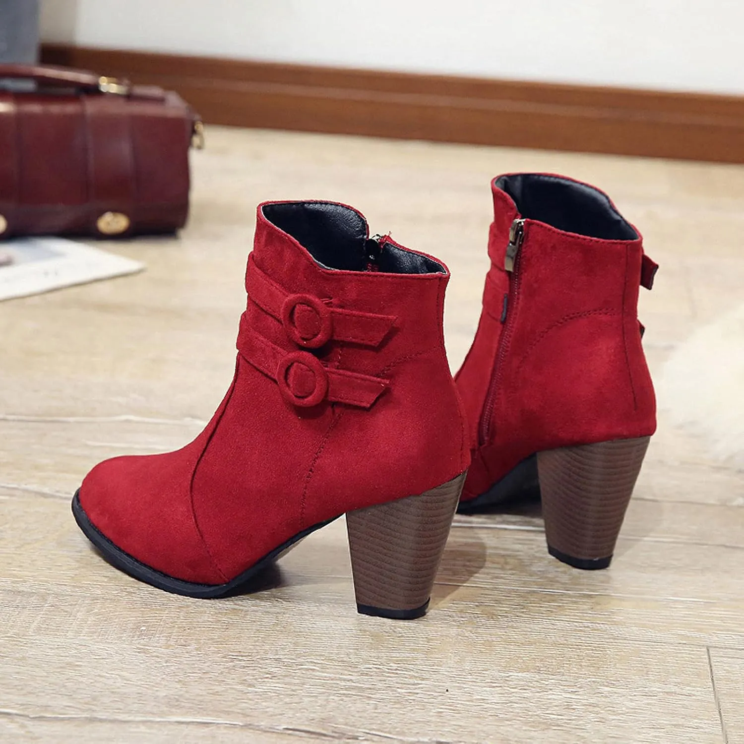 Suede Ankle Boots for Women Vintage Double Buckle Side Zipper Pointed Toe Square Chunky High-heeled Short Booties Solid Retro Non-slip Shoes
