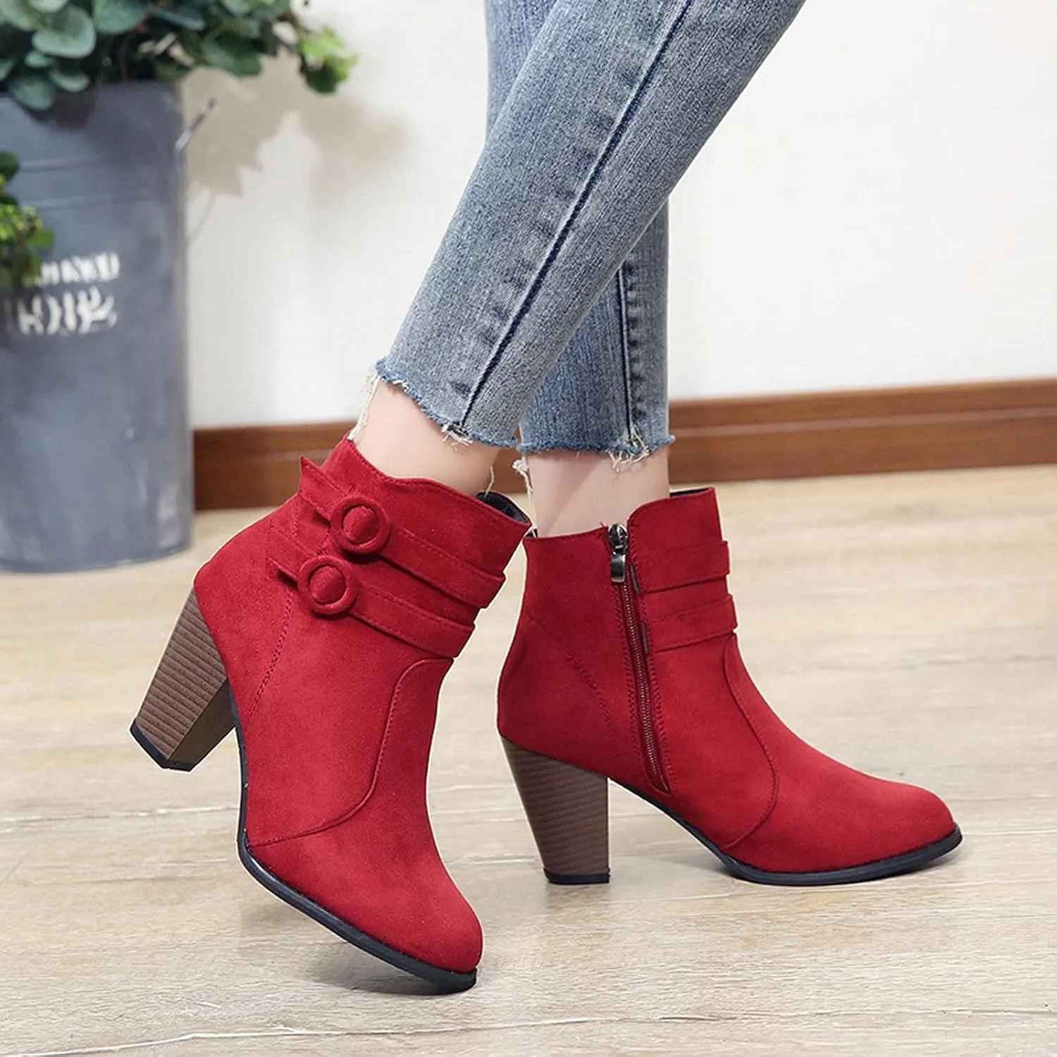Suede Ankle Boots for Women Vintage Double Buckle Side Zipper Pointed Toe Square Chunky High-heeled Short Booties Solid Retro Non-slip Shoes