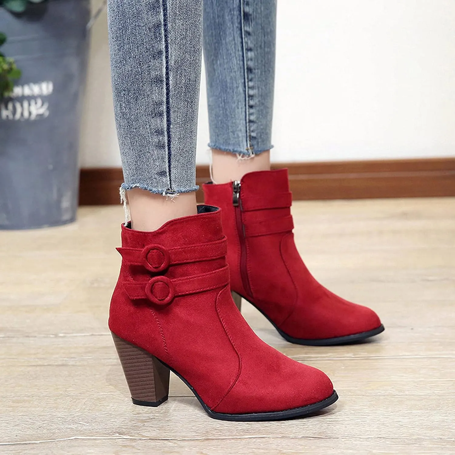 Suede Ankle Boots for Women Vintage Double Buckle Side Zipper Pointed Toe Square Chunky High-heeled Short Booties Solid Retro Non-slip Shoes