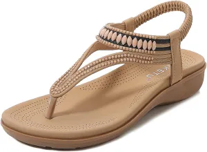 Summer Beach Sandals for Women Arch Support Slingback Rhinestone Dressy Sandal Comfort Sandals Bohemian T-Strap Ladies Casual Comfy Sandal Casual Ankle Elastic Flip Flops Shoes 2025