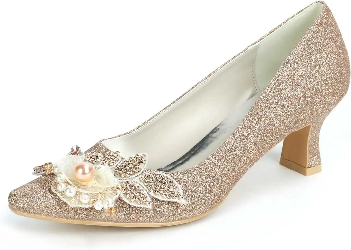 TarfiC Champagne Heels for Women Chunky Rhinestone Low Heels Dress Pump Sandals Bridal Wedding Party Evening Prom Dance Shoes