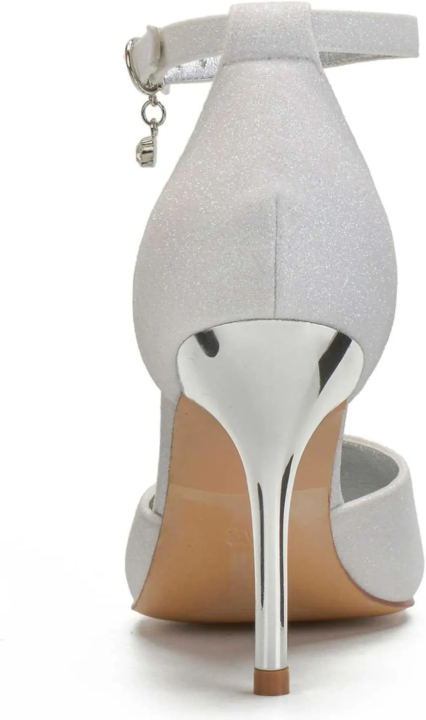 TarfiC Heels for Women - Frosted Ankle Strap Kitten Heels Dress Shoes for Women 3.54 Inch Buckle Wedding Heels for Prom Party Bridal Pump Shoes