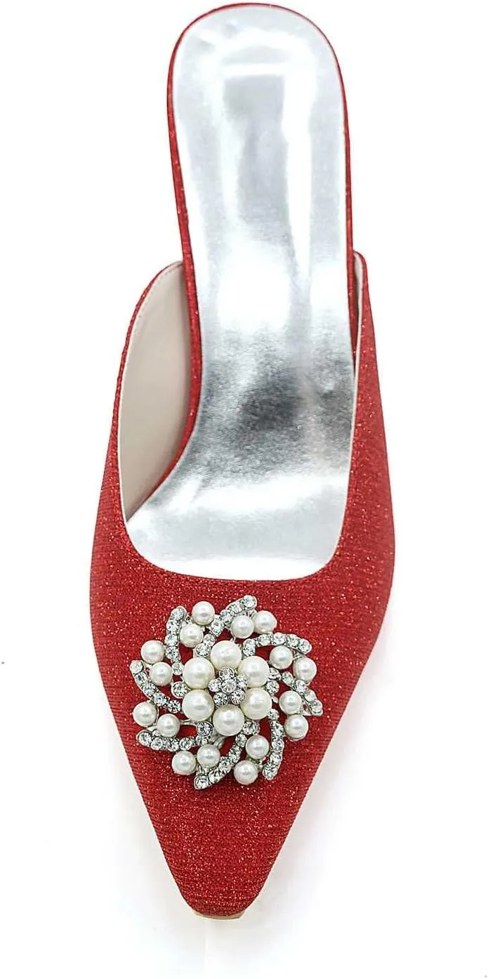 TarfiC High Heels Sandals for Women Breathable Rhinestone Slip on Sandals Frosted Closed Toe Kitten Heels Wedding Party Pumps Shoes
