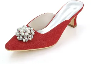 TarfiC High Heels Sandals for Women Breathable Rhinestone Slip on Sandals Frosted Closed Toe Kitten Heels Wedding Party Pumps Shoes