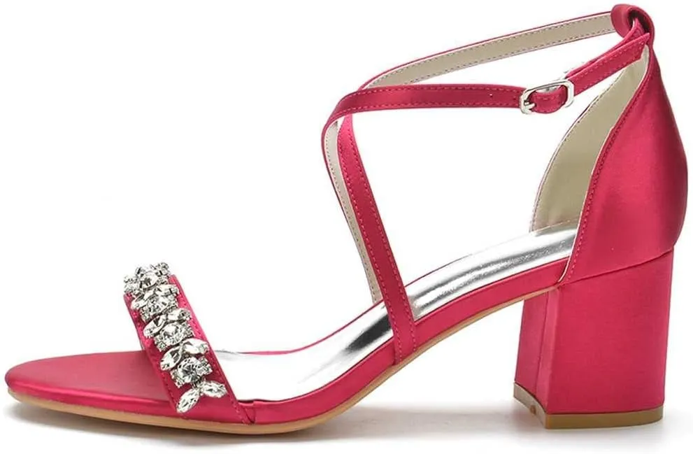 TarfiC Ivory Satin Bridal High Heels with Chunky Block Heel, Open Toe, Rhinestone Accents & Adjustable Ankle Strap | Comfortable Wedding Shoes for Brides