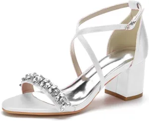 TarfiC Ivory Satin Bridal High Heels with Chunky Block Heel, Open Toe, Rhinestone Accents & Adjustable Ankle Strap | Comfortable Wedding Shoes for Brides