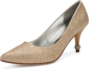 TarfiC Wedding Shoes for Women,Women's Pointed Toe Sparkling High Heels Slip On PU Evening Party Prom Sandals Frosted Kitten Heels