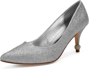 TarfiC Wedding Shoes for Women,Women's Pointed Toe Sparkling High Heels Slip On PU Evening Party Prom Sandals Frosted Kitten Heels