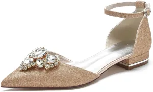 TarfiC Women's Flats Shoes Pointed Toe Buckle Rhinestone Floral Dress Shoes for Women Closed Toe Comfortable Frosted Sandals Dressy