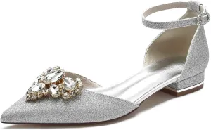 TarfiC Women's Flats Shoes Pointed Toe Buckle Rhinestone Floral Dress Shoes for Women Closed Toe Comfortable Frosted Sandals Dressy