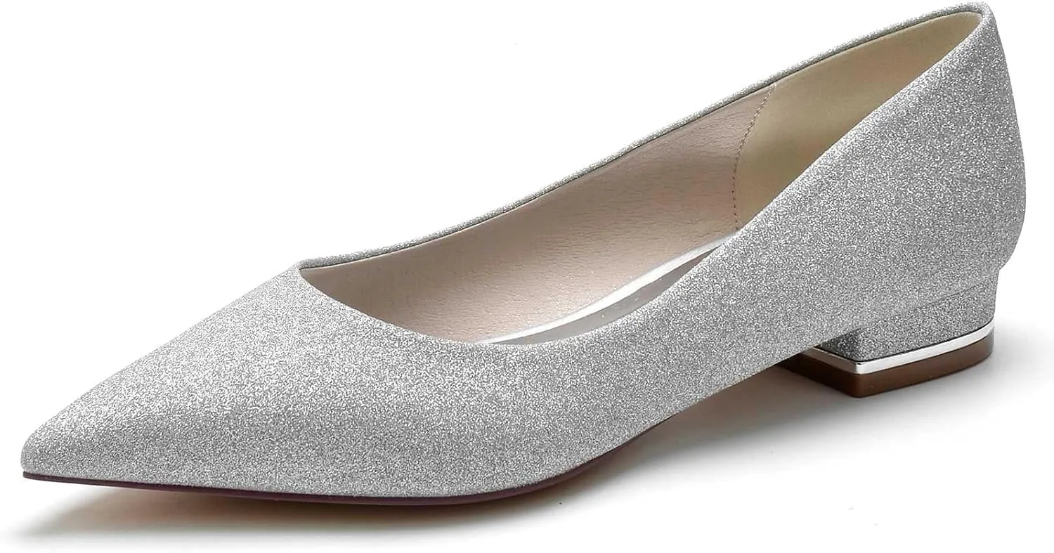 TarfiC Women's Frosted White Silver Wedding Shoes for Bride Slip on Low Heels Closed Toe Bridal Shoes Prom Party Dress Pumps Sandals