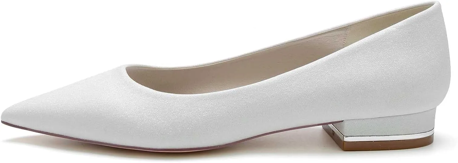 TarfiC Women's Frosted White Silver Wedding Shoes for Bride Slip on Low Heels Closed Toe Bridal Shoes Prom Party Dress Pumps Sandals