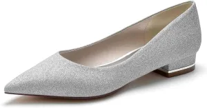 TarfiC Women's Frosted White Silver Wedding Shoes for Bride Slip on Low Heels Closed Toe Bridal Shoes Prom Party Dress Pumps Sandals