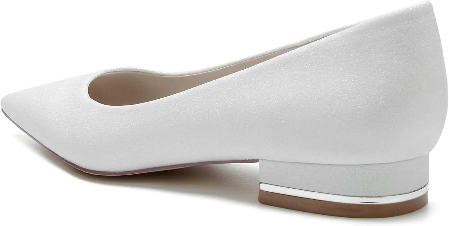 TarfiC Women's Frosted White Silver Wedding Shoes for Bride Slip on Low Heels Closed Toe Bridal Shoes Prom Party Dress Pumps Sandals