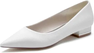 TarfiC Women's Frosted White Silver Wedding Shoes for Bride Slip on Low Heels Closed Toe Bridal Shoes Prom Party Dress Pumps Sandals