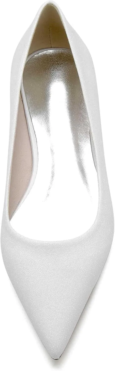 TarfiC Women's Frosted White Silver Wedding Shoes for Bride Slip on Low Heels Closed Toe Bridal Shoes Prom Party Dress Pumps Sandals