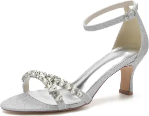 TarfiC Women's High Heel Pumps Rhinestone Open Toe Round Toe Frosted Buckle Mary Jane Low Heel Classic Party Wedding Dress Pump Shoes