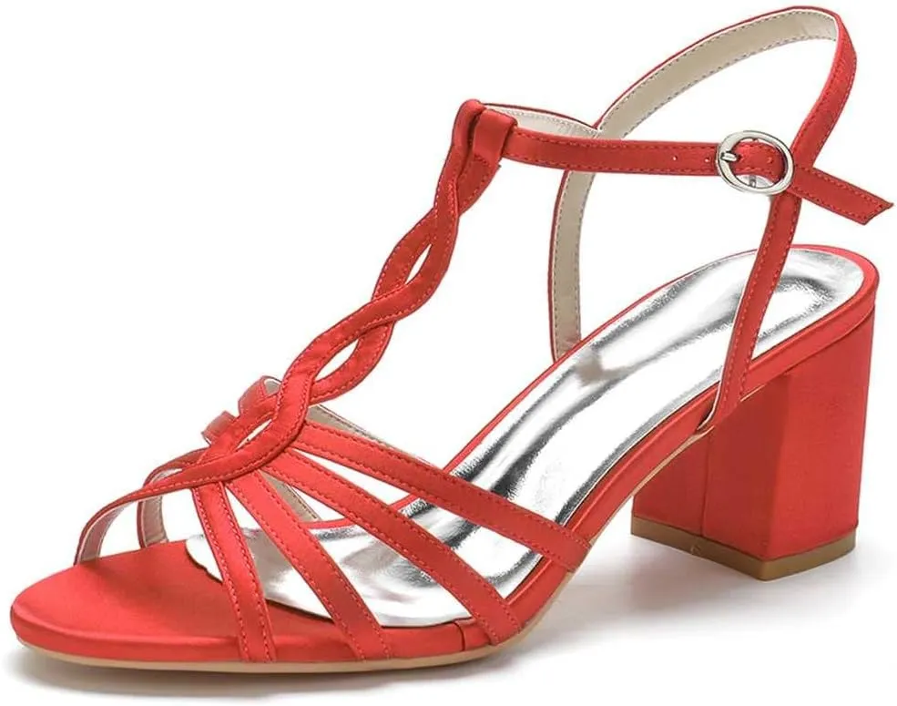 TarfiC Women's Low Chunky Block Heel Pumps with Satin Peep Toe & Buckle Ankle Strap | Formal Dress Shoes for Weddings, Evening Events & Galas