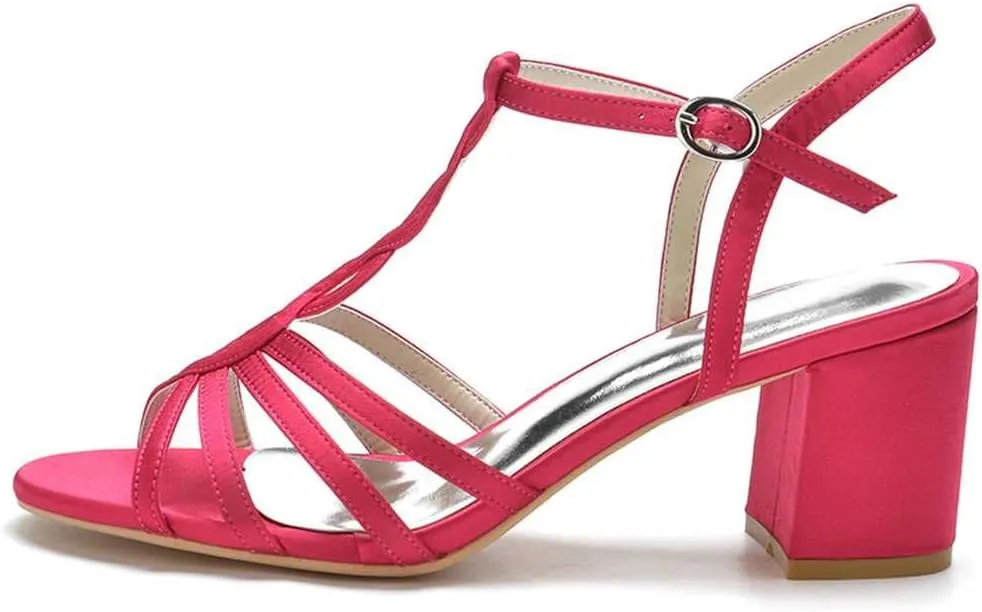 TarfiC Women's Low Chunky Block Heel Pumps with Satin Peep Toe & Buckle Ankle Strap | Formal Dress Shoes for Weddings, Evening Events & Galas