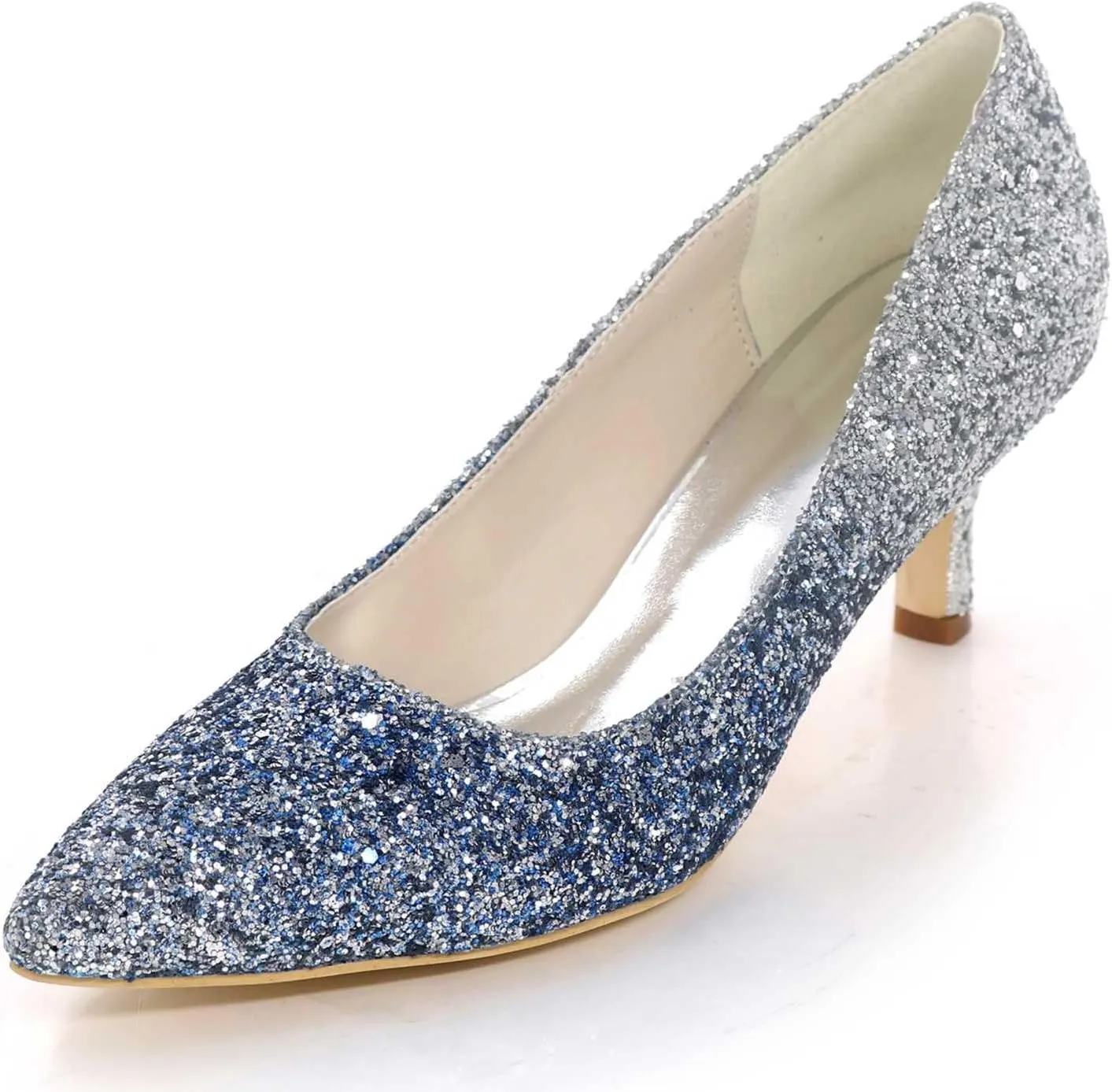 TarfiC Women's Low Heels Dress Sandals Slip on Frosted Pointed Toe Rhinestone Dress Shoes Wedding Party Kitten Heel Evening Shoes for Women Bride