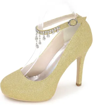 TarfiC Women's Rhinstone Kitten Heel for Women Dressy Closed Toe Buckle High Heels for Women Bridal Wedding Shoes for Bride On Evening Prom