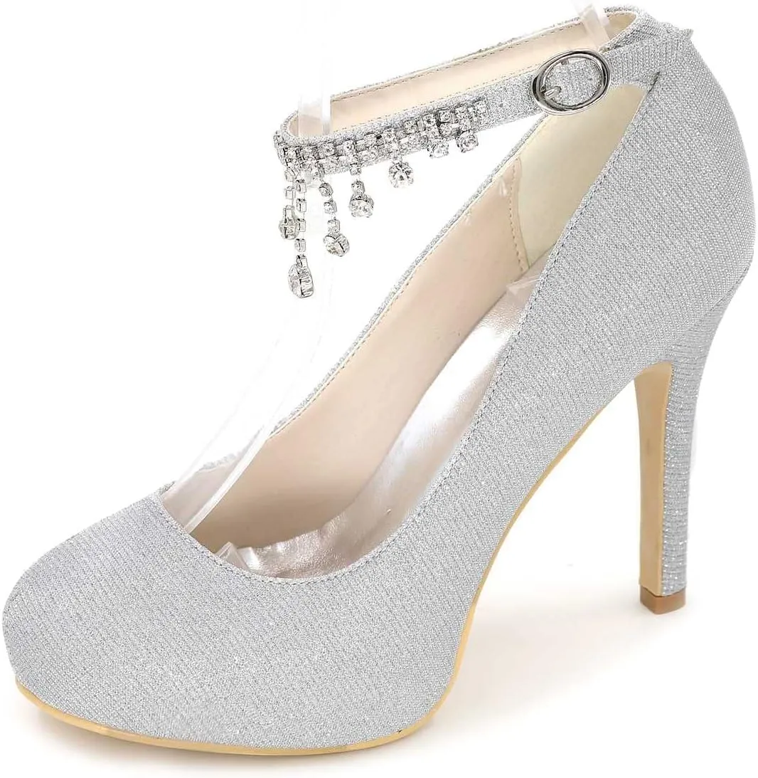 TarfiC Women's Rhinstone Kitten Heel for Women Dressy Closed Toe Buckle High Heels for Women Bridal Wedding Shoes for Bride On Evening Prom