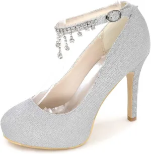 TarfiC Women's Rhinstone Kitten Heel for Women Dressy Closed Toe Buckle High Heels for Women Bridal Wedding Shoes for Bride On Evening Prom