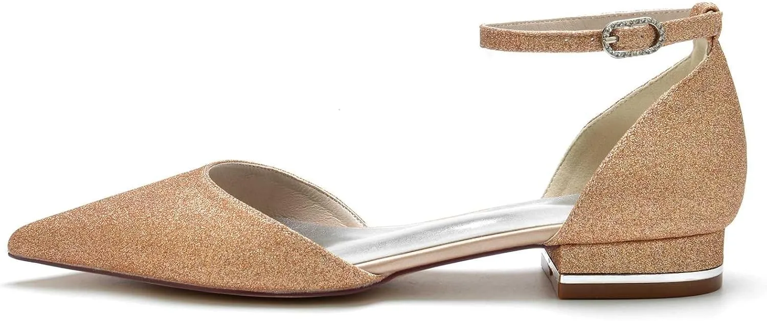 TarfiC Women's Wedding Shoes Closed Toe 3.74 Inches Pointed Flats Shoes Frosted Pumps with Mary Jane Sandals Imitation Bridal Shoes