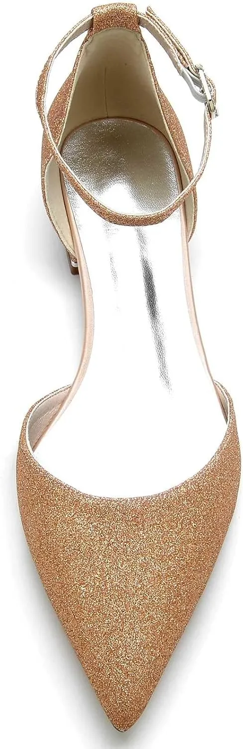 TarfiC Women's Wedding Shoes Closed Toe 3.74 Inches Pointed Flats Shoes Frosted Pumps with Mary Jane Sandals Imitation Bridal Shoes
