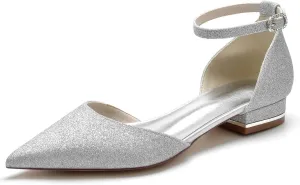 TarfiC Women's Wedding Shoes Closed Toe 3.74 Inches Pointed Flats Shoes Frosted Pumps with Mary Jane Sandals Imitation Bridal Shoes