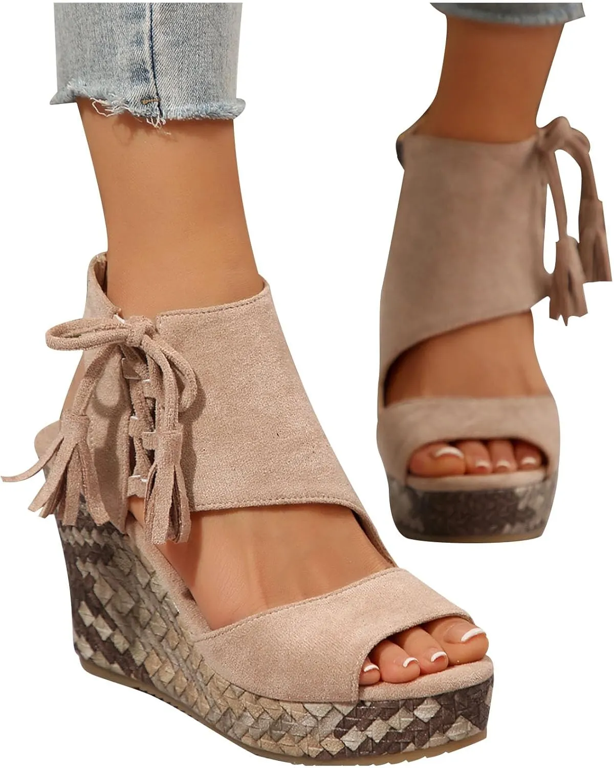 Tassel High Wedge Sandals Open Toe Espadrilles Sandal Comfortable Dressy Ankle Strap Platform Shoes Suitable Boho Beach Summer Shoe