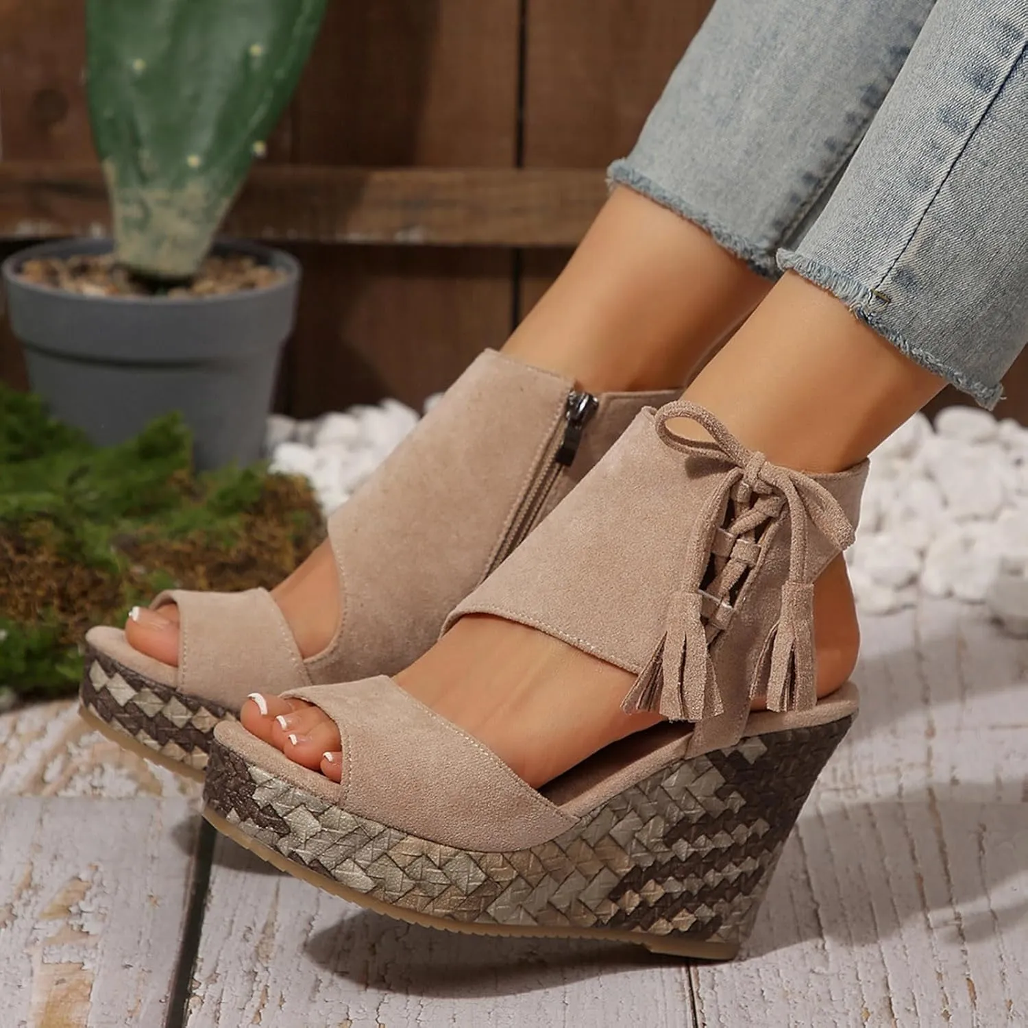 Tassel High Wedge Sandals Open Toe Espadrilles Sandal Comfortable Dressy Ankle Strap Platform Shoes Suitable Boho Beach Summer Shoe