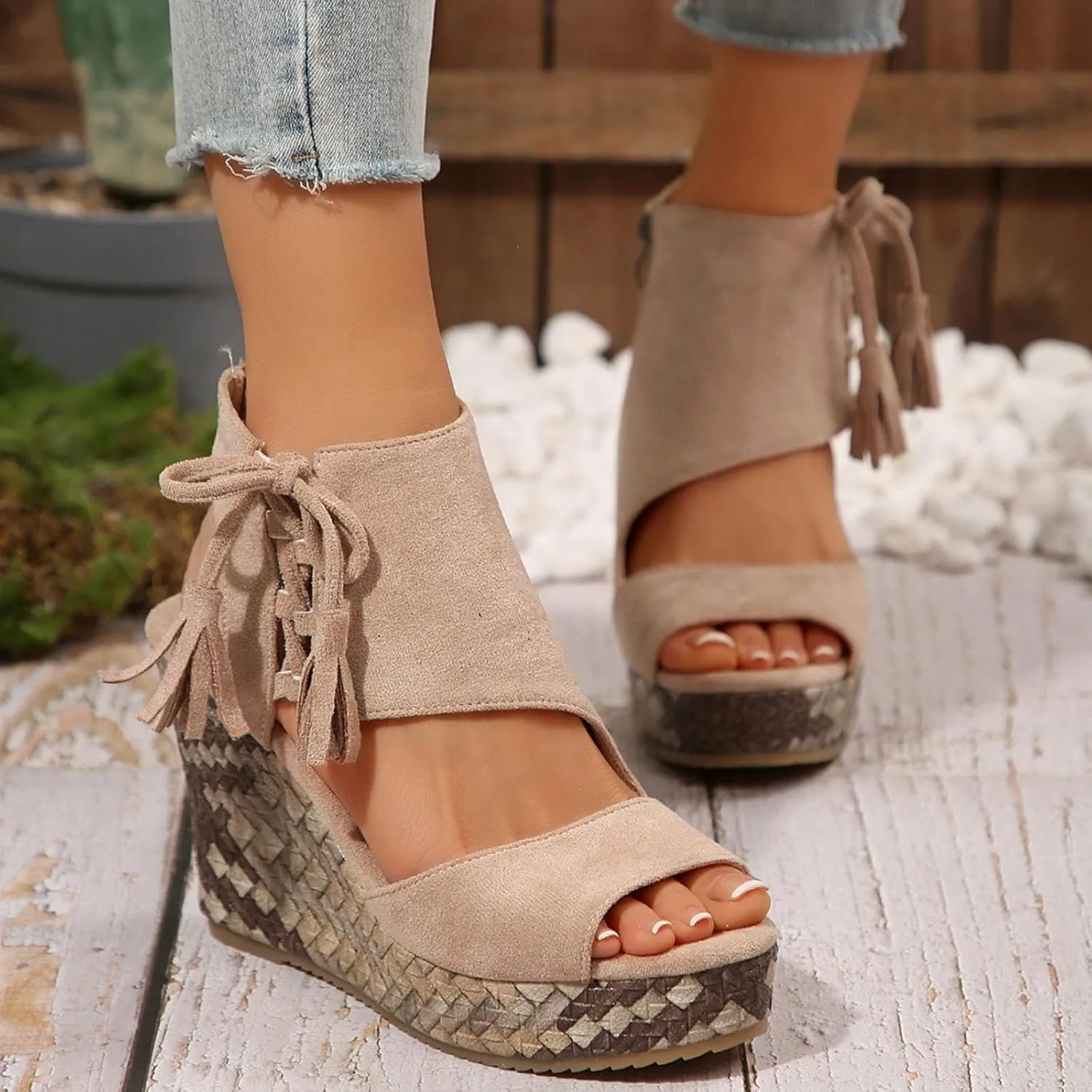 Tassel High Wedge Sandals Open Toe Espadrilles Sandal Comfortable Dressy Ankle Strap Platform Shoes Suitable Boho Beach Summer Shoe